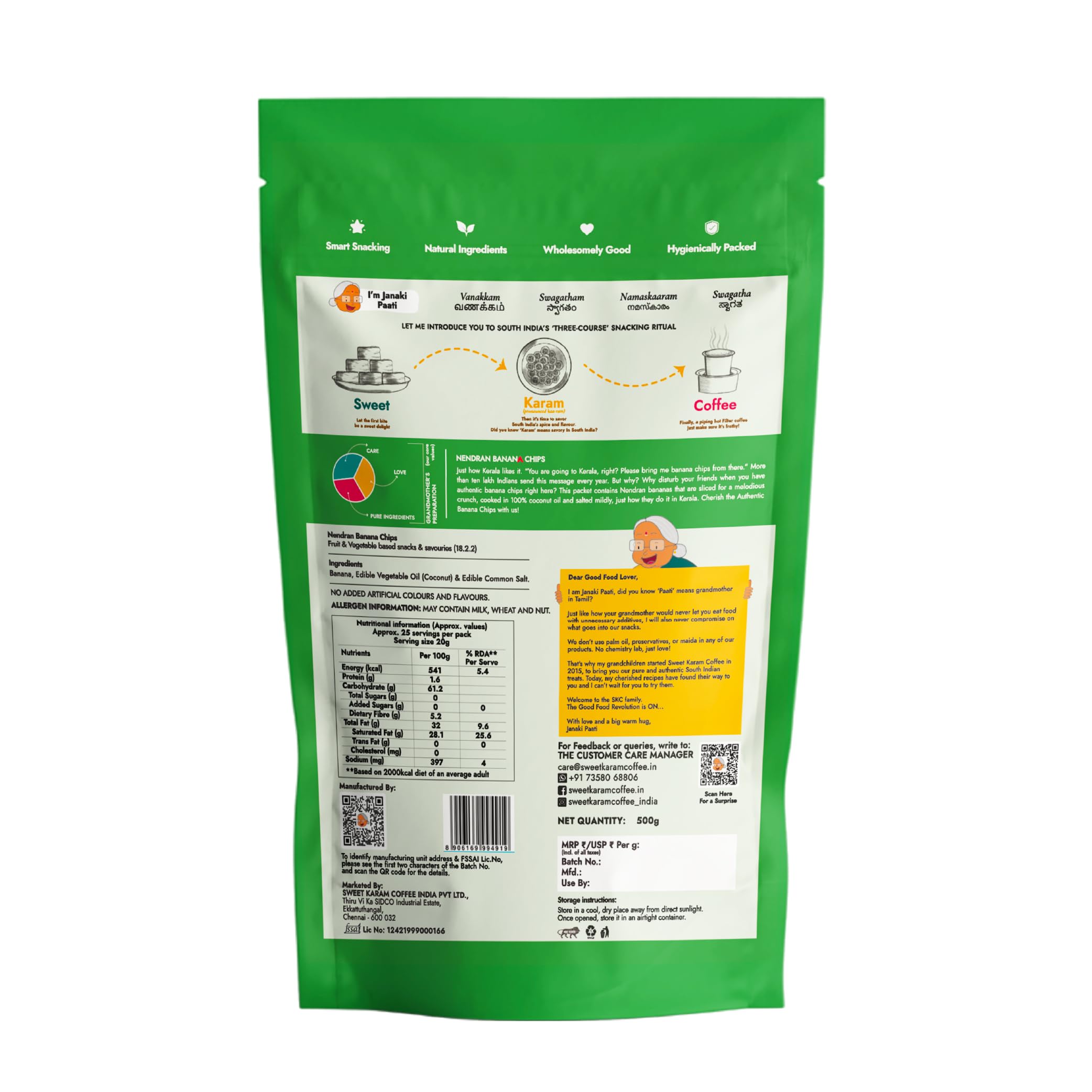 Sweet Karam Coffee Nendran Banana Chips β 500 grams | Made with 100% Coconut Oil | No Preservatives | Kerala Special Crispy, Thin Sliced Yellow Plantain Wafers | Healthy Tea Time Snack 4