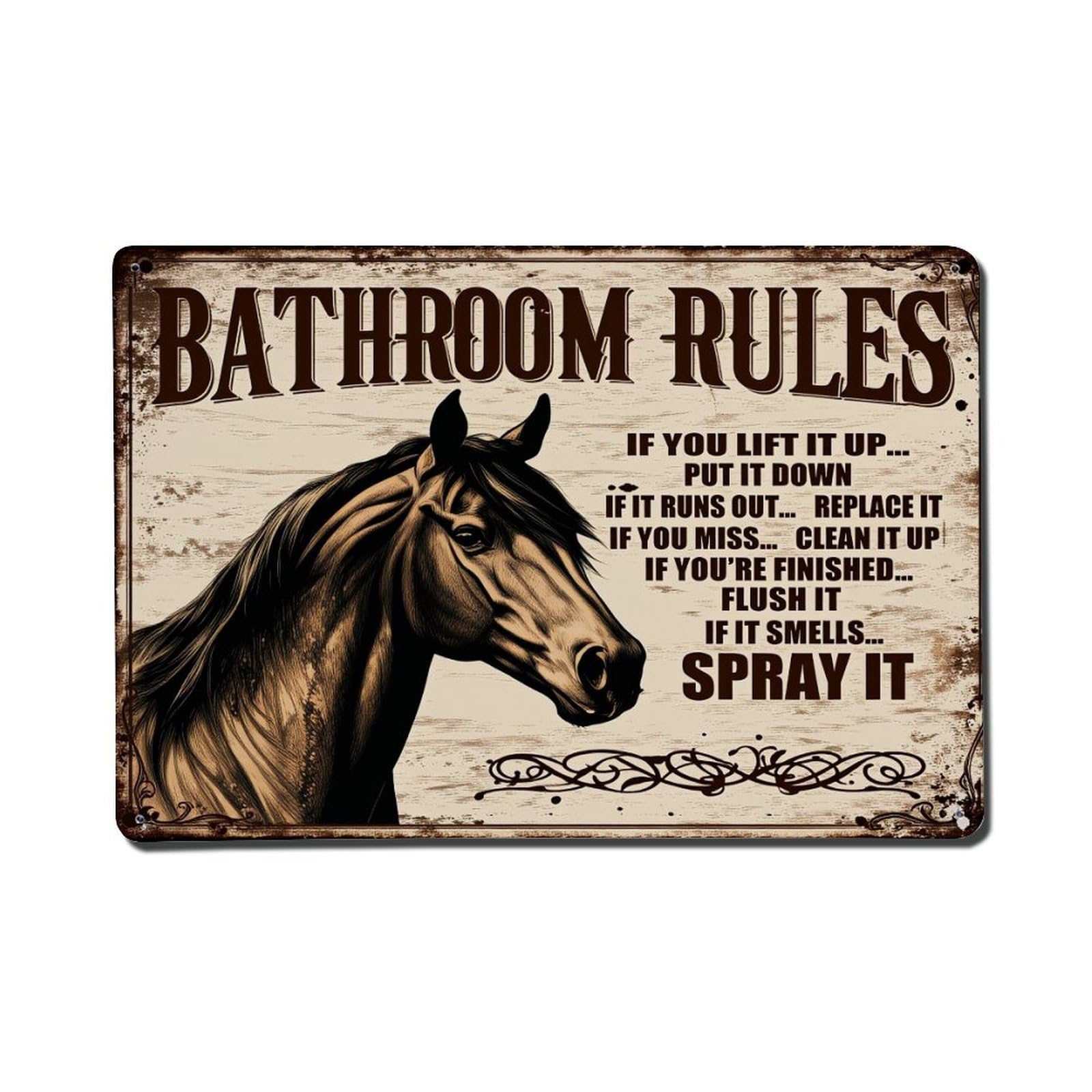 Enderetf Vintage Bathroom Rules Horse Art Print Tin Sign Metal Poster, Home Bar Garage Man Cave Cafe Indoor & Outdoor Wall Decoration 8X12inches