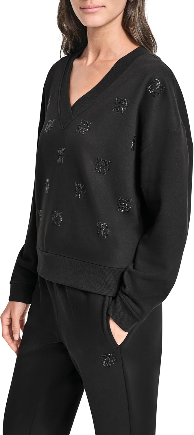 DKNY womens All Over Rhinestone V-neck Logo Fleece Sweatshirt - Image 3
