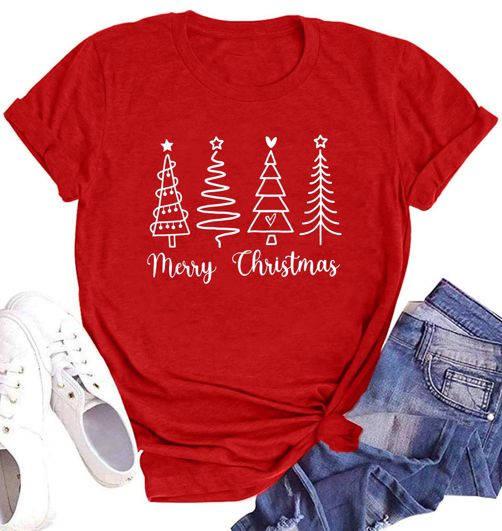 Merry Christmas Shirt for Women Christmas Tree Tees Tops Letter Xmas Tree Graphic Print Female T Shirt