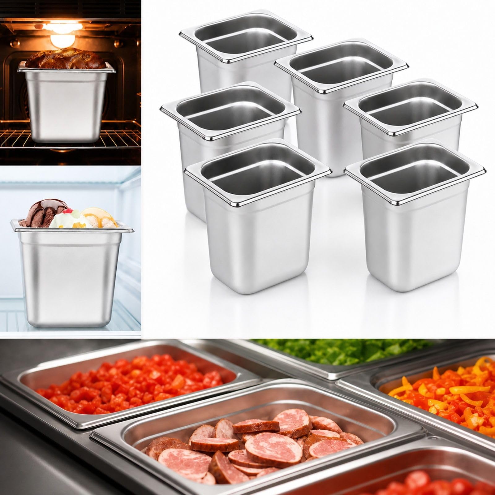 6er Set Gastronormbehälter GN 1/6 aus Edelstahl für Bain-Marie und Buffet |