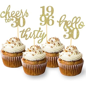 Pack of 24 Glitter 30th Birthday Cupcake Toppers | Birthday Decoration from 1996 for 30th Birthday Party Accessories Party De