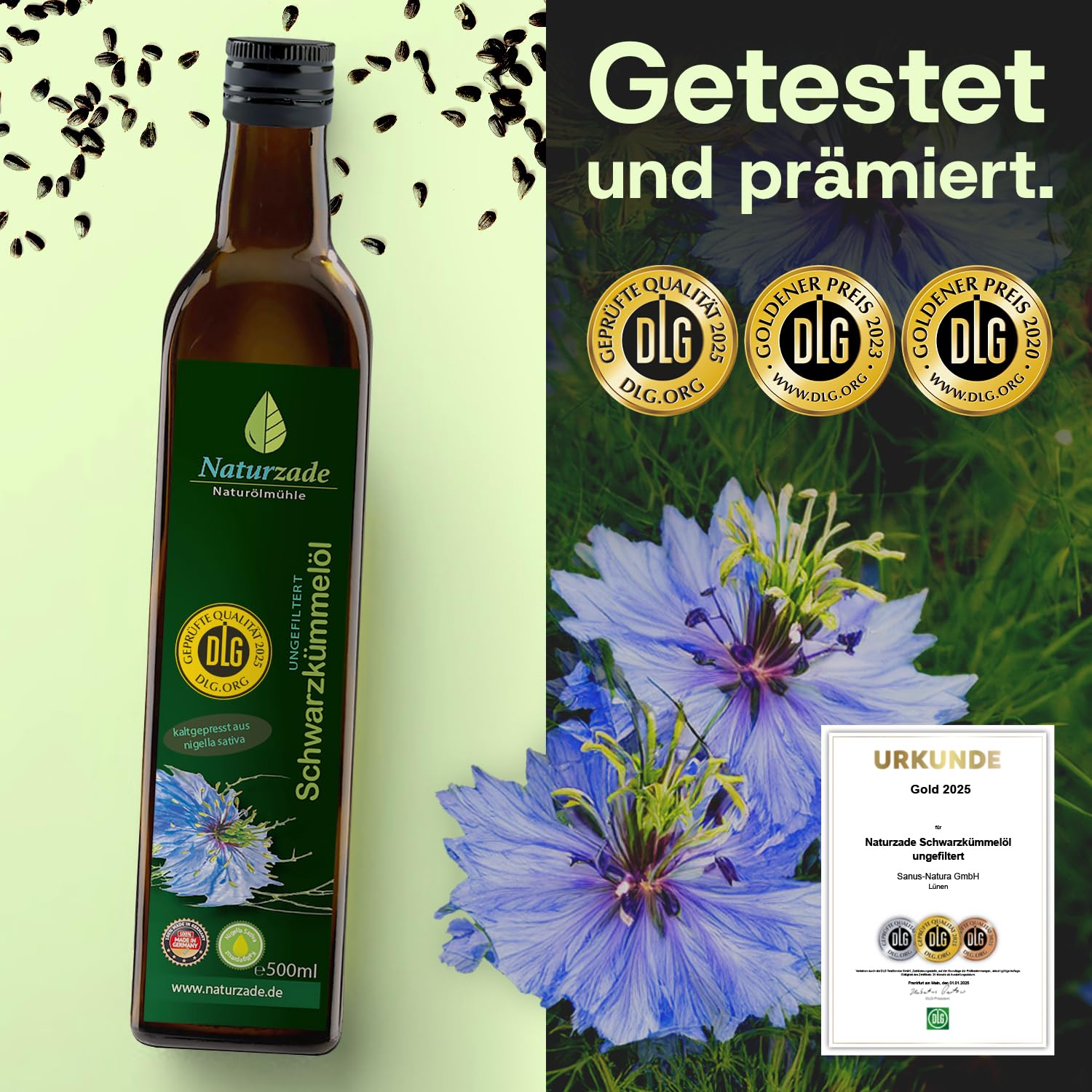 Naturzade Schwarzkümmelöl 1000ml ungefiltert Glasflasche (2 x 500ml), hoher Thymochinongehalt, kaltgepresst & naturrein ohne Zusätze, direkt vom Hersteller