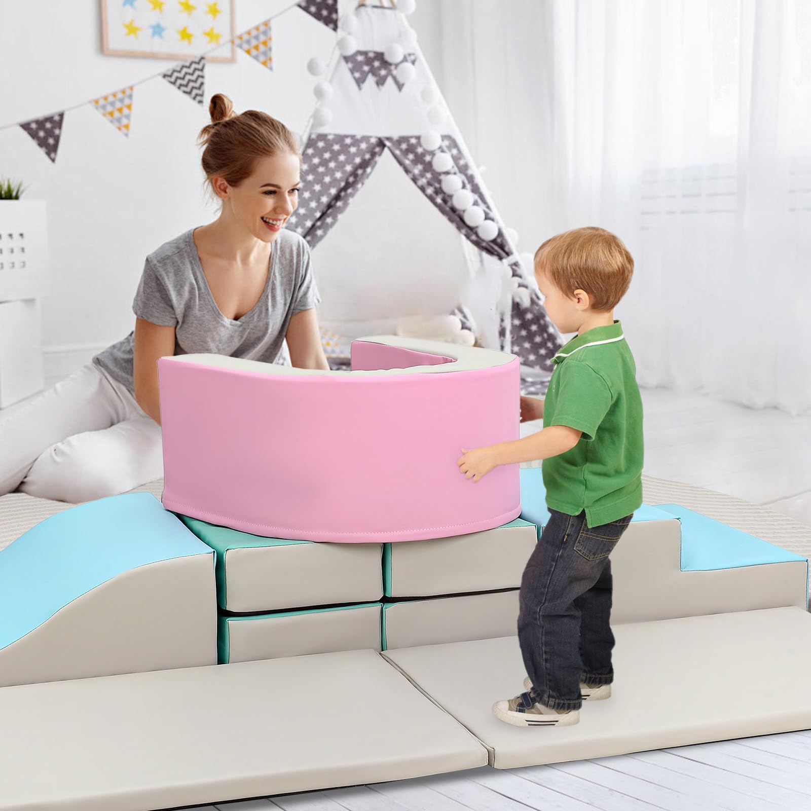 Sicheres 10-teiliges Kletter- und Spielset für Kleinkinder – Weiche PU-Schaumstoff-Kletterblöcke – Fördert Motorik & aktives Spielen – Indoor-Spielplatz für Babys von 1-3 Jahren – Farbe: