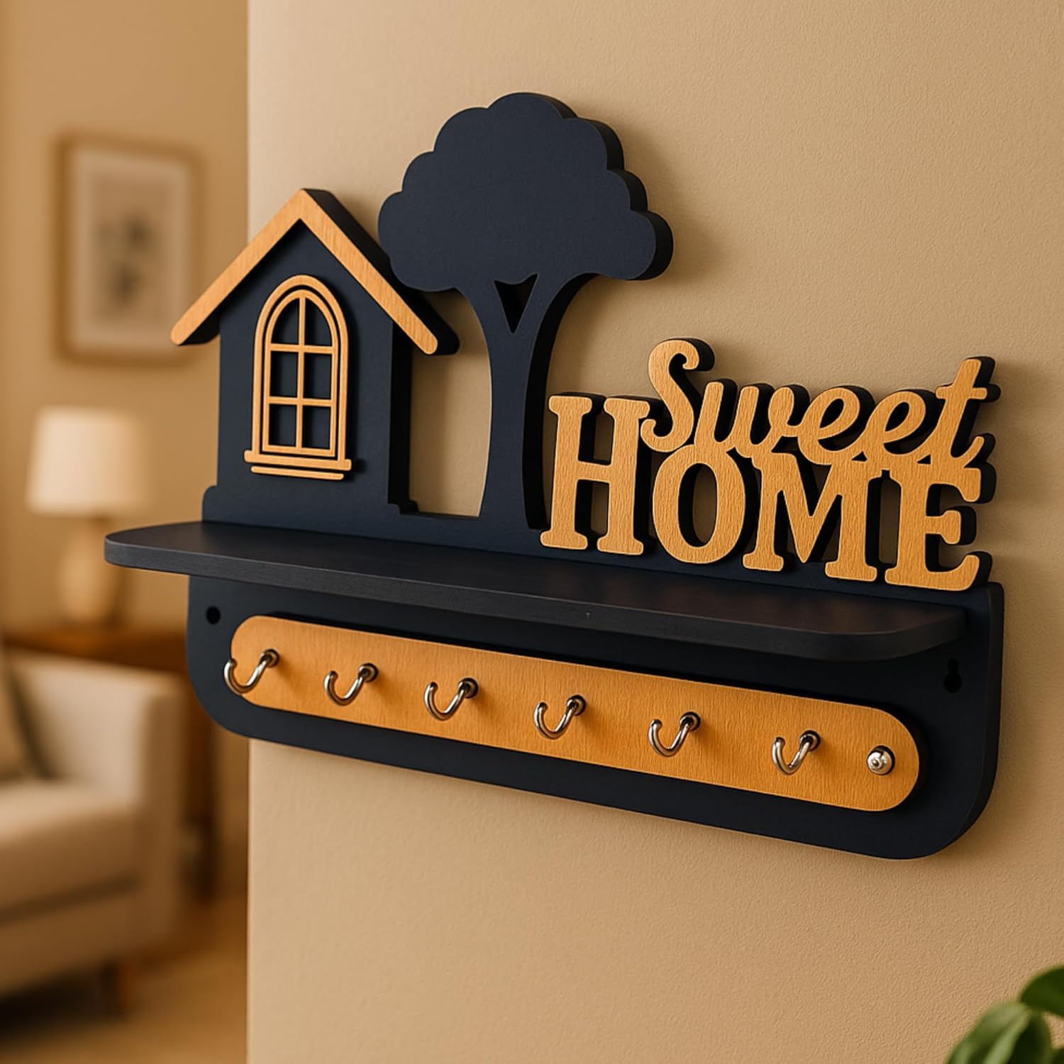 Shiv Shakti Creations Sweet Home Wooden Wall Key Holder with 6 Hooks, Black and Natural Wood, 11x7.5 Inch, Decorative Storage Organizer for Entryway-image-15