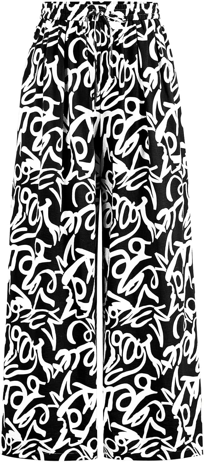 PRETTYGARDEN Womens Pants Elastic Waist Floral Lightweight Palazzo Pants for Women Casual Lounge Wide Leg Pants Woman