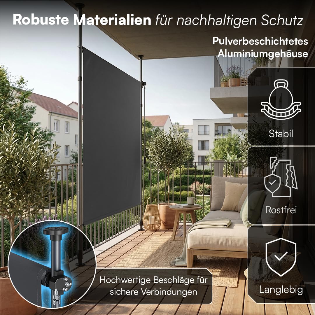 STEELSØN Serelia Senkrechtmarkise 120x310 cm – Vertikalmarkise außen Antharzit – Sichtschutz Balkon wetterfest – Klemmmarkise als Sonnenschutz & Windschutz – Balkonmarkise ohne Bohren – Outdoor-Rollo