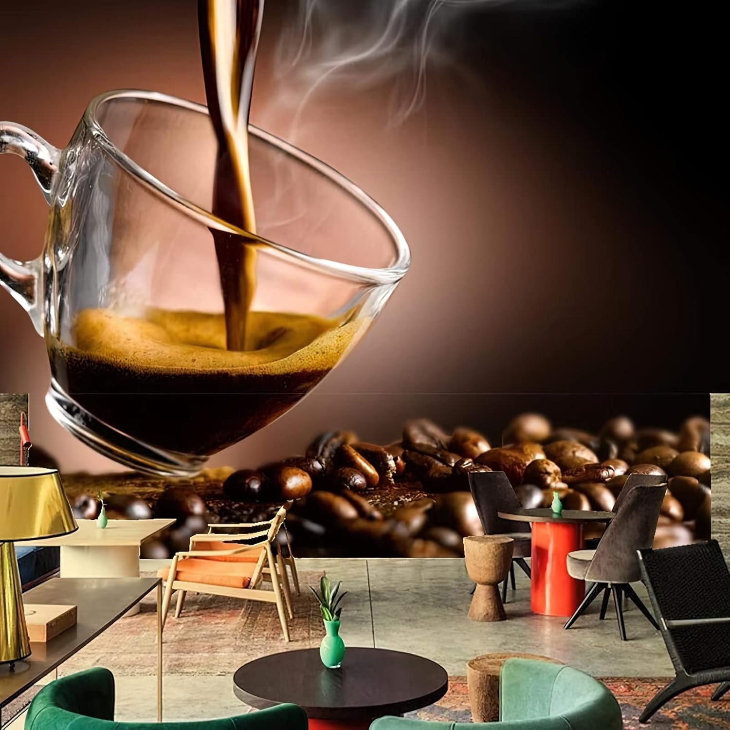 Hot Coffee 3D Photo Wallpaper Mural, Coffee Grain Cup Food Mural Wallpaper, Wall Decor for Living Room Bedroom TV Background Hotel Restaurant Cafe Mural - 78.7"x 55.1"(W x H)