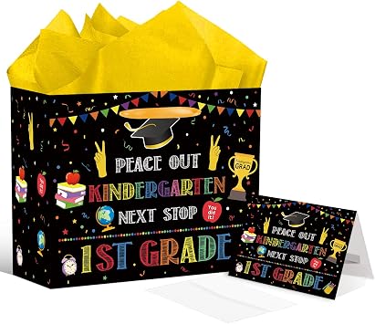 RTMISA Kindergarten Graduation Gift Bag with Tissue Paper and Card with Envolope Kinder Grad Gifts Wrapping Paper Bag for Boys Girls Colorful Kindergarten Graduation Party Favor Supplies