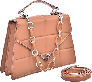 شنطة يد متوسطة الحجم من الجلد الصناعي مقسمة من الداخل بتصميم مربعات بارزة تحتوي على حزام كتف طويل وحزام يد بسلسلة ومقبض قوي للنساء - لون بني