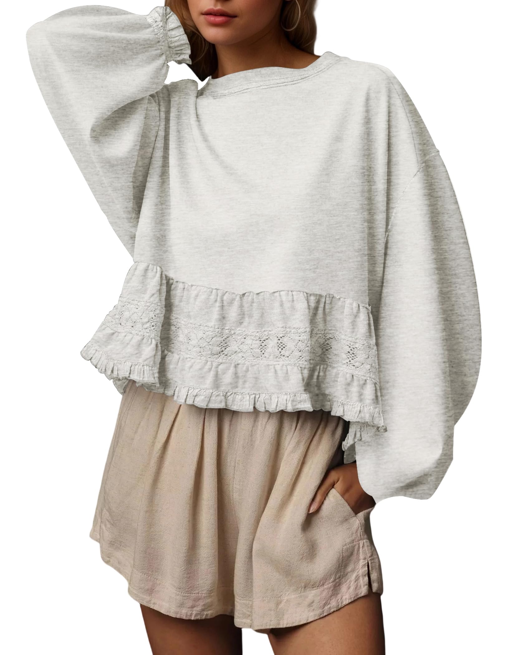 burtell Crew Neck Crop Oversized Sweatshirts For Women Casual Long Puff Sleeve Babydoll Tops Loose Lace Patchwork Peplum Top-picture-47