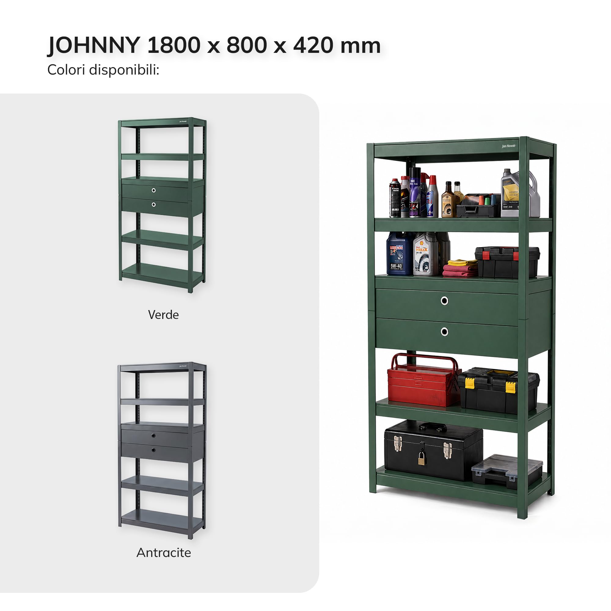 Jan Nowak Scaffale Officina Metallo con Cassetti 5 Ripiani Regolabili 80 kg per Ripiano Scaffale Garage Magazzino Portautensili Robusto Acciaio Sistema ad Incastro 180x90x40 cm