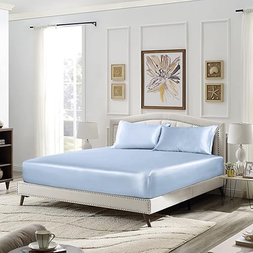 Miniatura 2 de SiinvdaBZX Juego de 3 piezas de sábanas bajeras de satén tamaño Queen y 2 fundas de almohada, sábana bajera suave y sedosa color azul bebé, sin