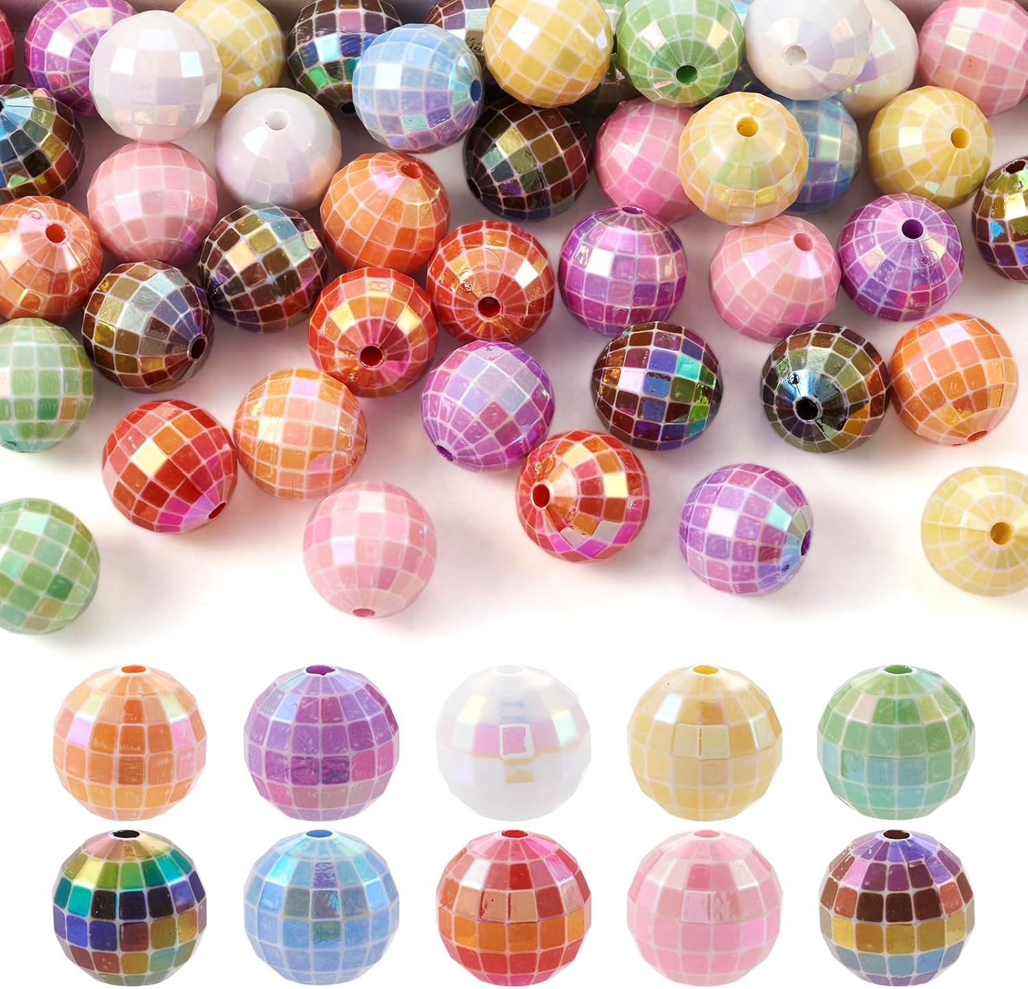 60Pcs 15mm Acrylic Faceted Round Beads Rainbow Iridescent Disco Ball Beads Chunky Bubblegum Bead Large Round Spacer Bead for DIY Crafts Earring Bracelet Necklace Jewelry Making