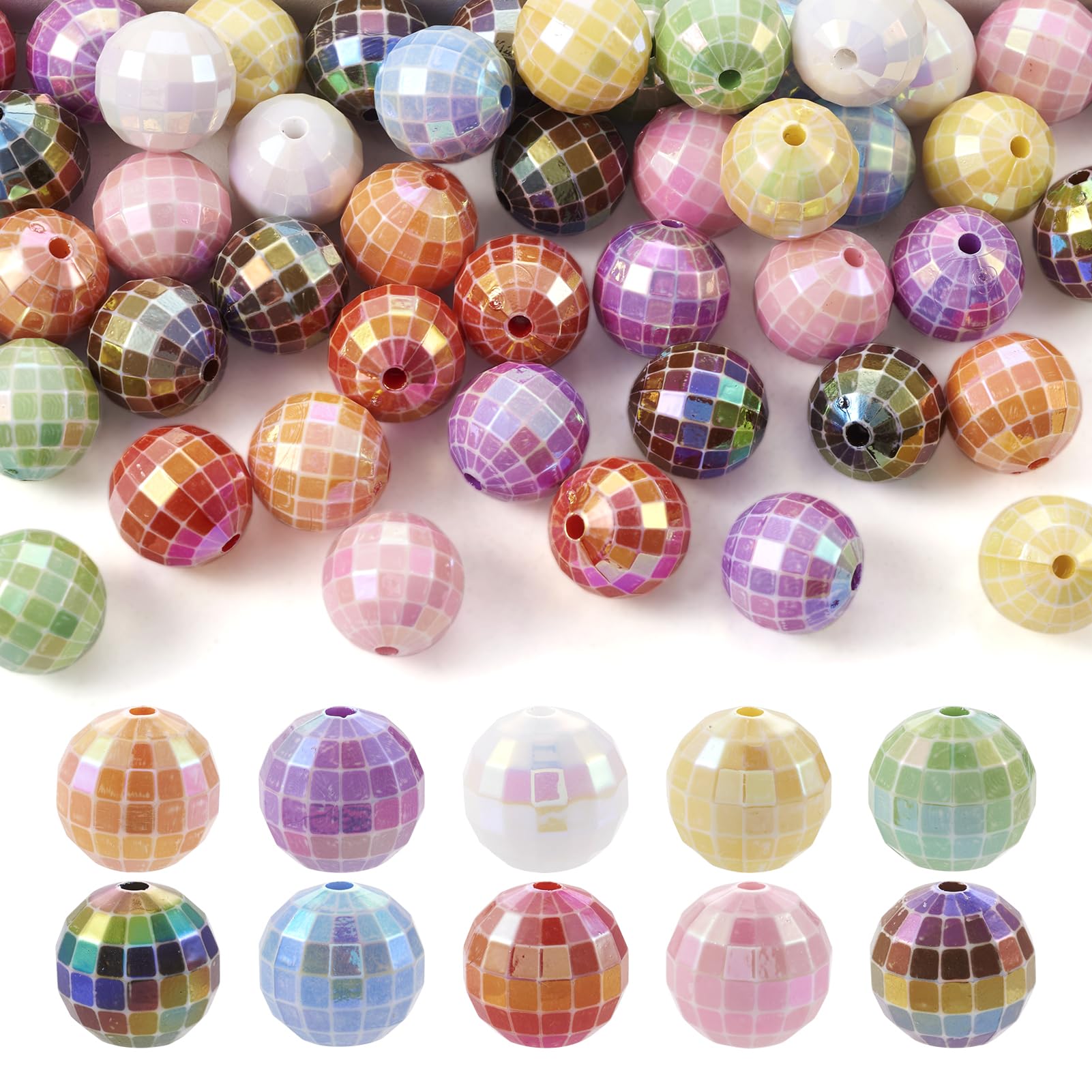 Spritewelry 60Pcs AB Color Acrylic Faceted Bead Round Chunky Bubblegum Beads Disco Ball Loose Spacer for Bracelet Necklace Jewelry Making DIY Crafts 15.5mm