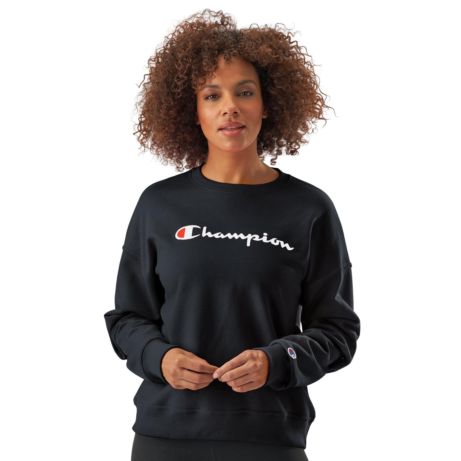 Champion Women's Black-Y08113 Powerblend Relaxed Crew, Screen Print Script Sweatshirt, Xl