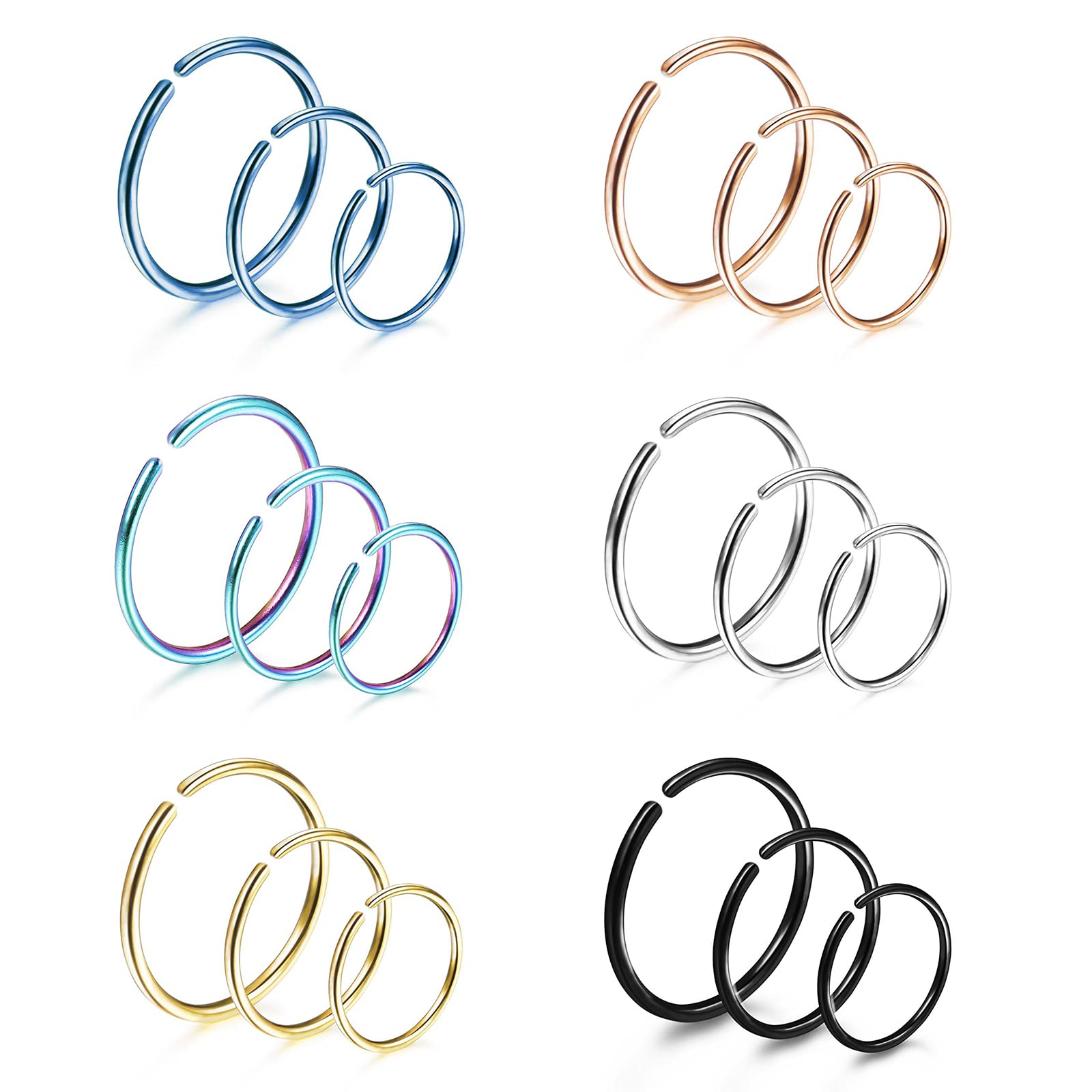Momeski18 Piezas de Aro de Nariz de Acero Inoxidable 20 Gauge Anillo Pendiente Tabique, Cartílago, Hélice, Piercing de Oreja para Piercing de Cuerpo, 6 mm, 8 mm, 10 mm (6 colores, 3 tamaños)