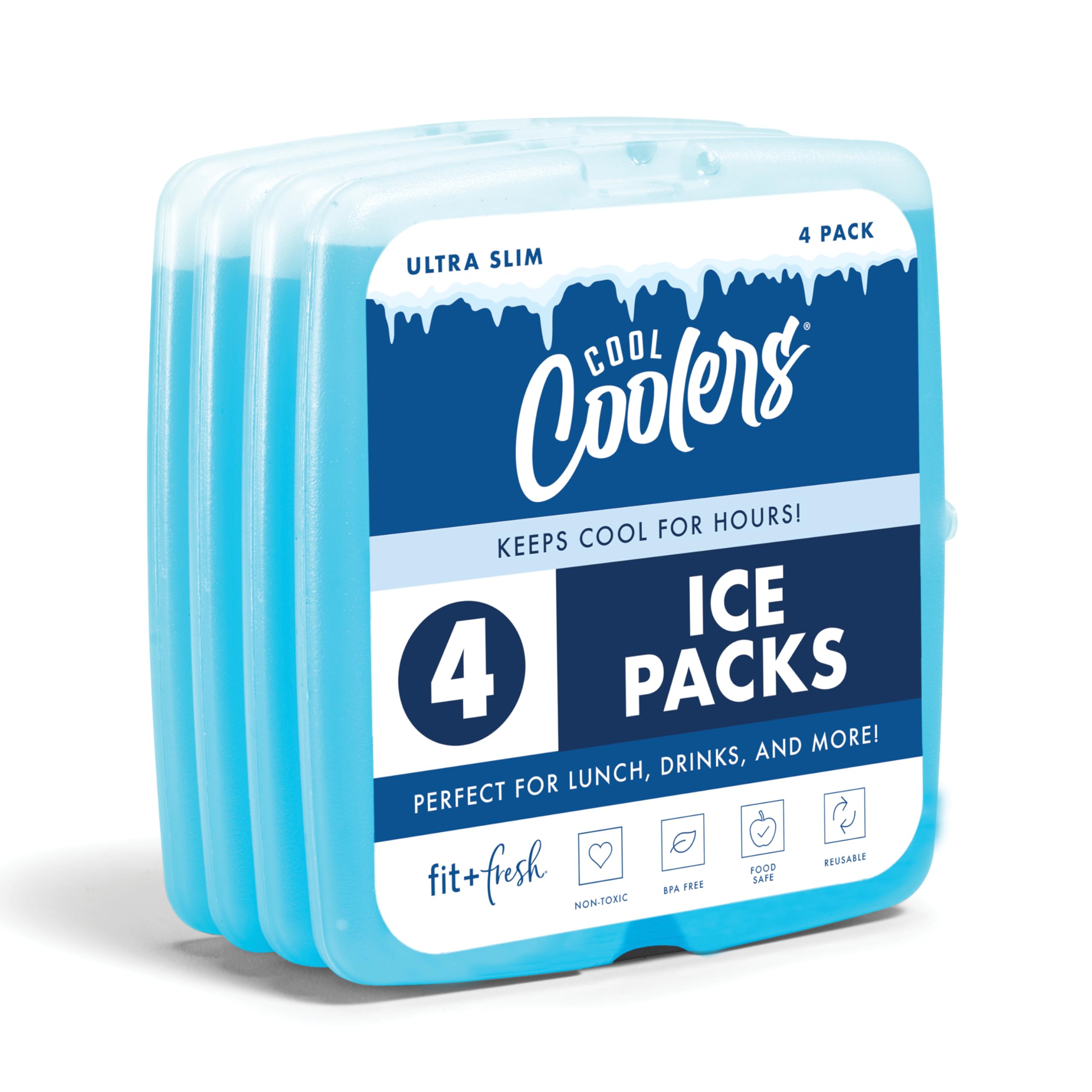 Cool Coolers By Fit & Fresh 4 Pack Slim Ice Packs, Quick Freeze Space Saving Reusable Ice Packs for Lunch Boxes or Coolers, Blue