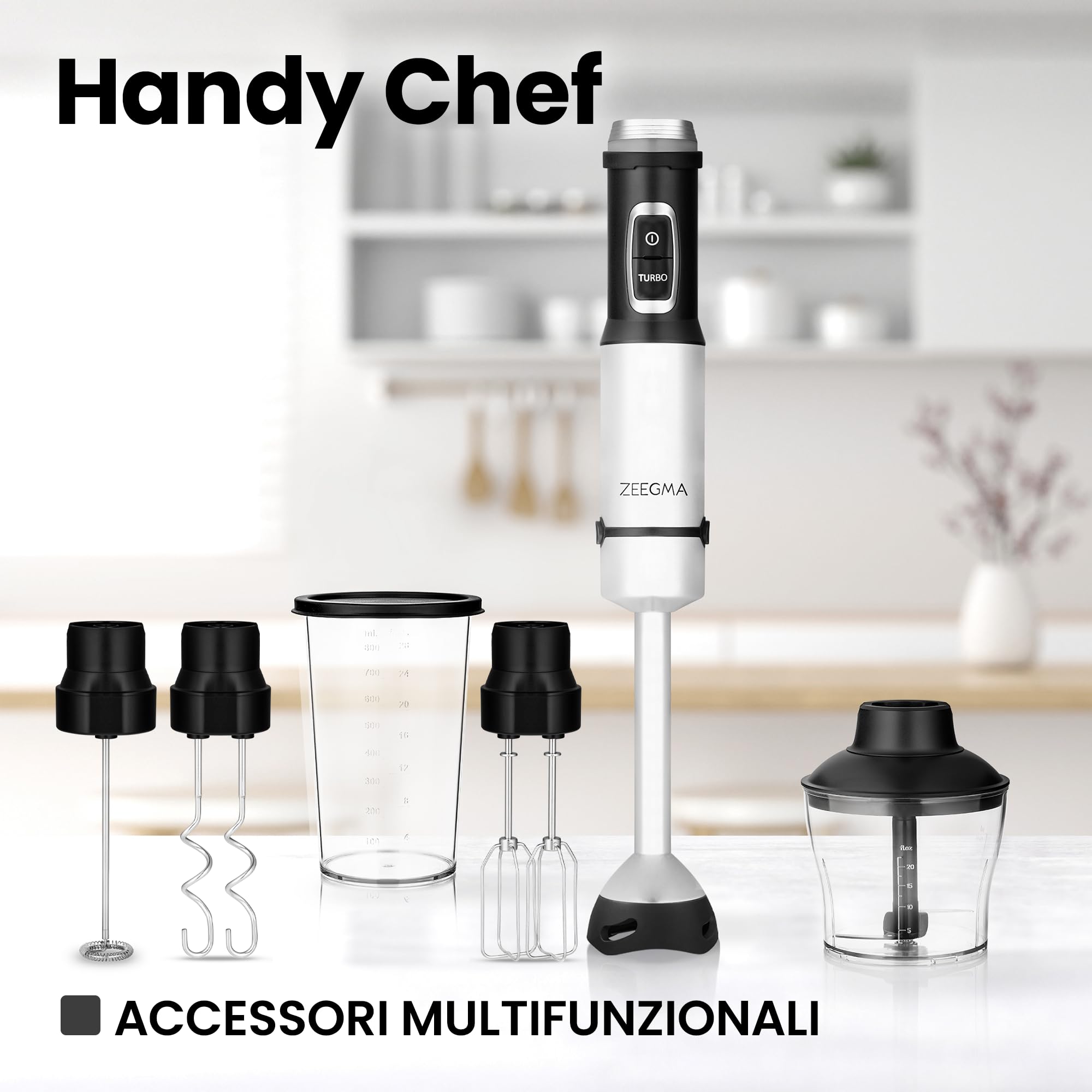 ZEEGMA Frullatore a Immersione 5 in 1 Multifunzionale Potenza di Picco | W, Set di Accessori per Frullare, Mescolare e Sbattere Gancio per Miscelare Mixer 0.6 L, Contenitore 0.8 L