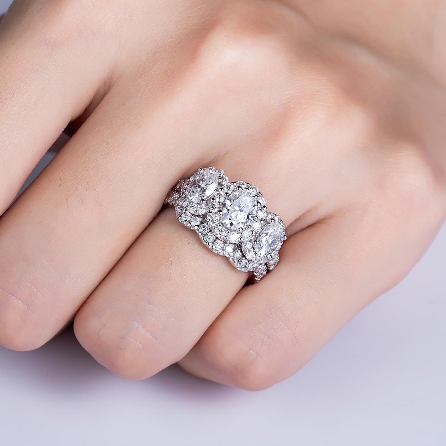 Moissanite Ring Set for Women 3 Stone Oval/Radiant Cut D Color VVS1 Platinum Plated 925 Sterling Silver - Image 6