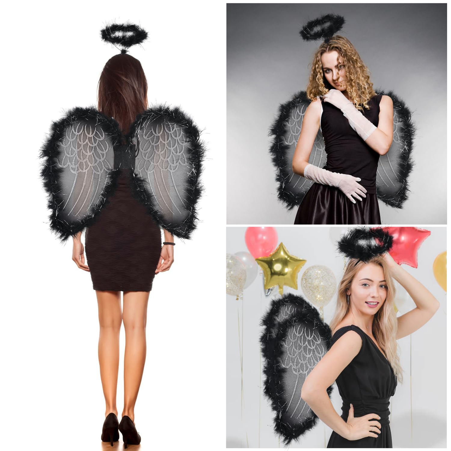 VEYLIN Angel Wings And Halo, Halloween Dark Angel Fairy Wing With Silver Glitter and Halo Dress Women Fallen Angel Outfit (Black) - Image 2