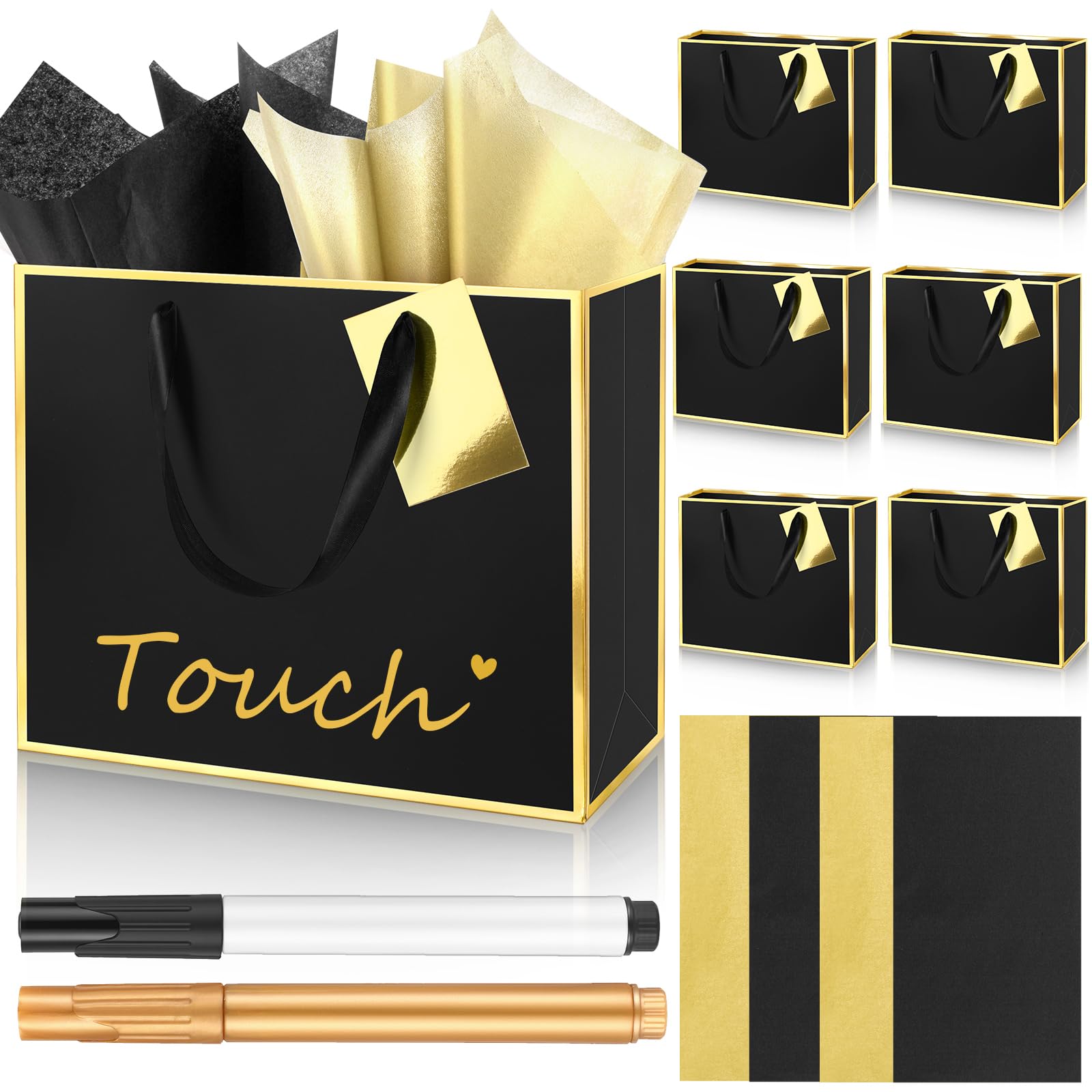 ReliThick 6 Pack Metallic Paper Gift Bag with Handles Tissue Paper Gold Tag Pen Thank You Favor Bag for Wedding Party Bridesmaid Bridesman 5 Senses