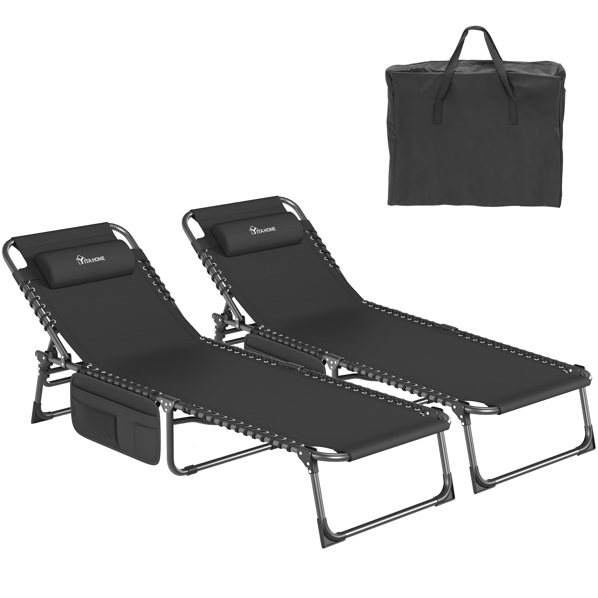 YITAHOME Lettino da Sole Pieghevole Set di 2 Lettino da Spiaggia Regolabile in 4 Posizioni, Lettino Prendisole con Poggiatesta e Tasca Capacità di Carico 300lbs per Giardino, Spiaggia, Campeggio, Nero
