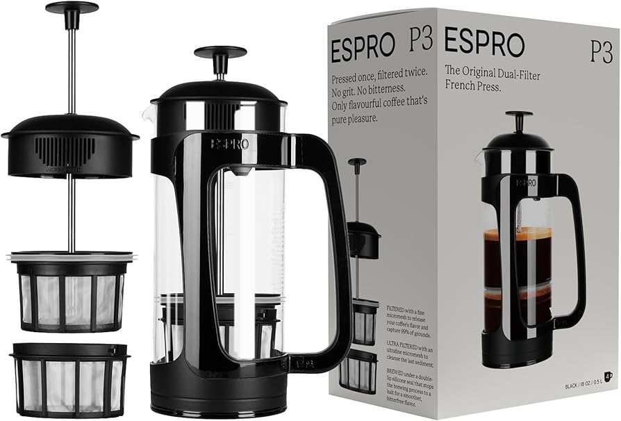 ESPRO - P3 Small French Press Coffee Maker 18 ounce - Double Micro-Filtered Tea and Coffee Press, Grit-Free and Bitterness-Free Brews(Black)