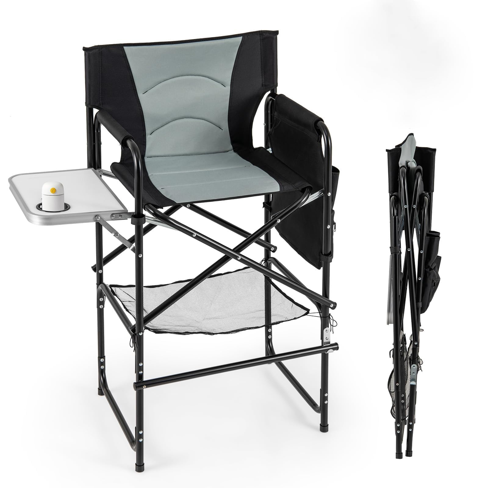 GYMAX Chaise Maquillage Professionnel 116,5 cm, Chaise Metteur en Scène Pliable Portable avec Plateau, Porte-Gobelet, Repose-Pieds, Sac en Filet, Poche de Rangement, Chaise Haute pour Studio