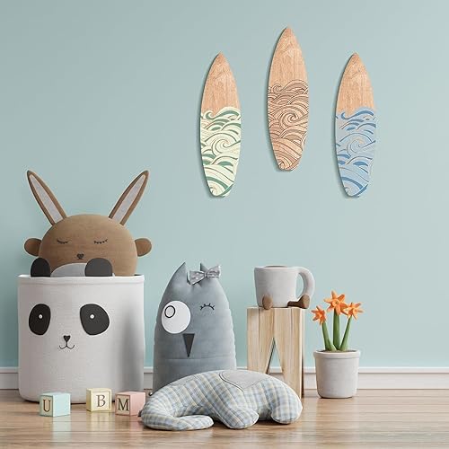 Miniatura 6 de RattanView 3 piezas de tabla de surf de madera para decoración de pared para dormitorio, tabla de surf ondulada, decoración de playa, letrero