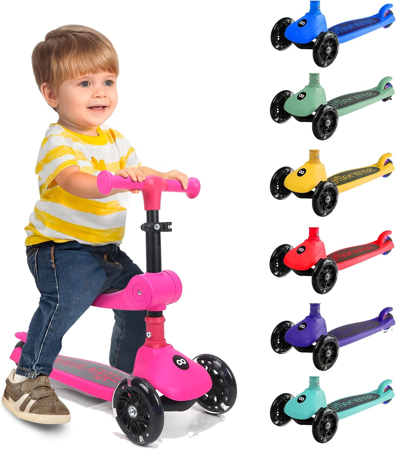SereneLife 3-Wheel Foldable Kids Scooter  LED Wheel Lights, Adjustable Handlebar, Rear Foot Brake, Lean-to-Steer, Anti-Slip Deck  Ideal for Toddlers & Kids 3+, up to 110 lbs