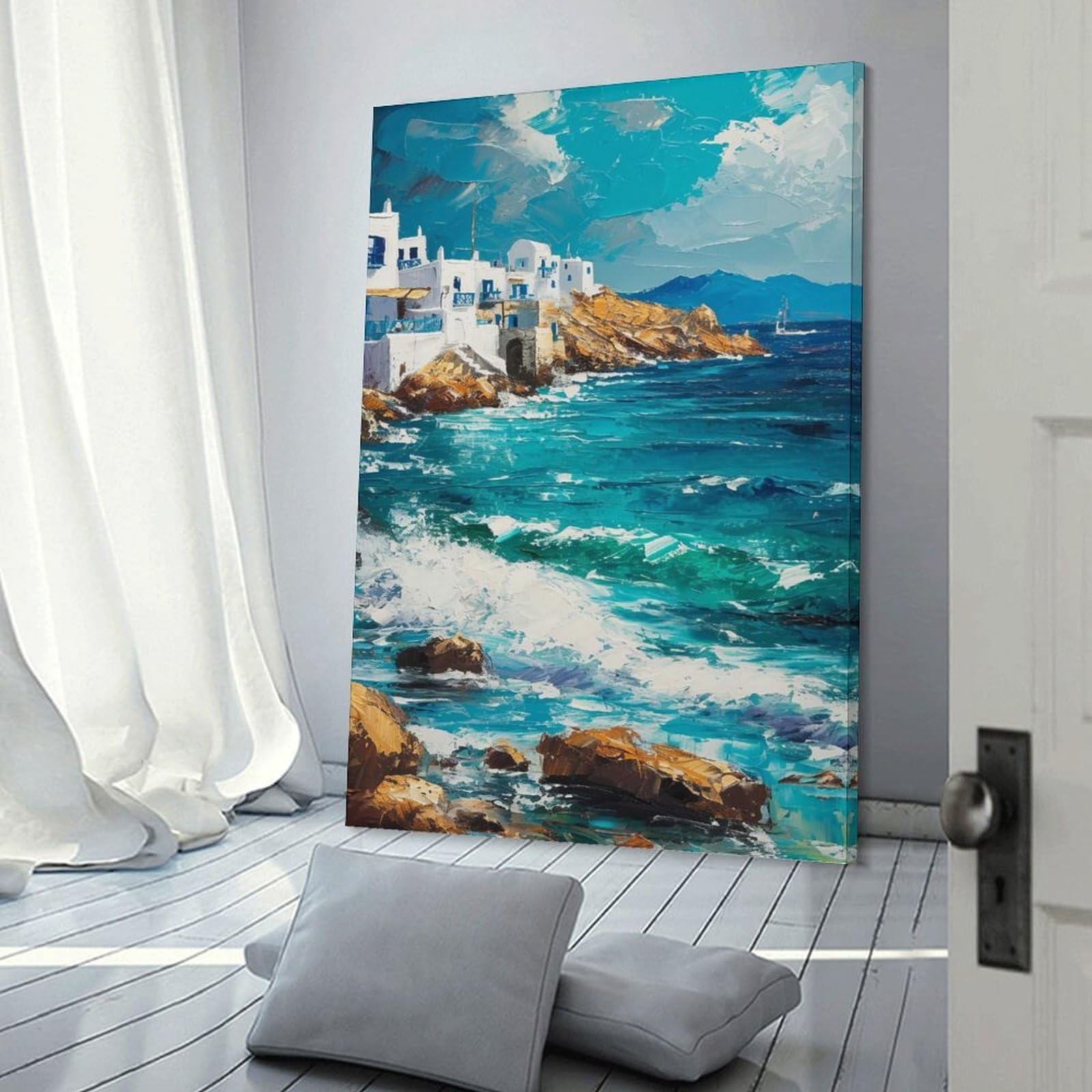 Junmoney Frame-Style-18 Coastal Village Painting With Turquoise Sea Decorative Wall Artwork, 16X24inch(40X60cm), For Work Areas, Reading Rooms Or Studios, Wall Art That Adds Style To Work Areas