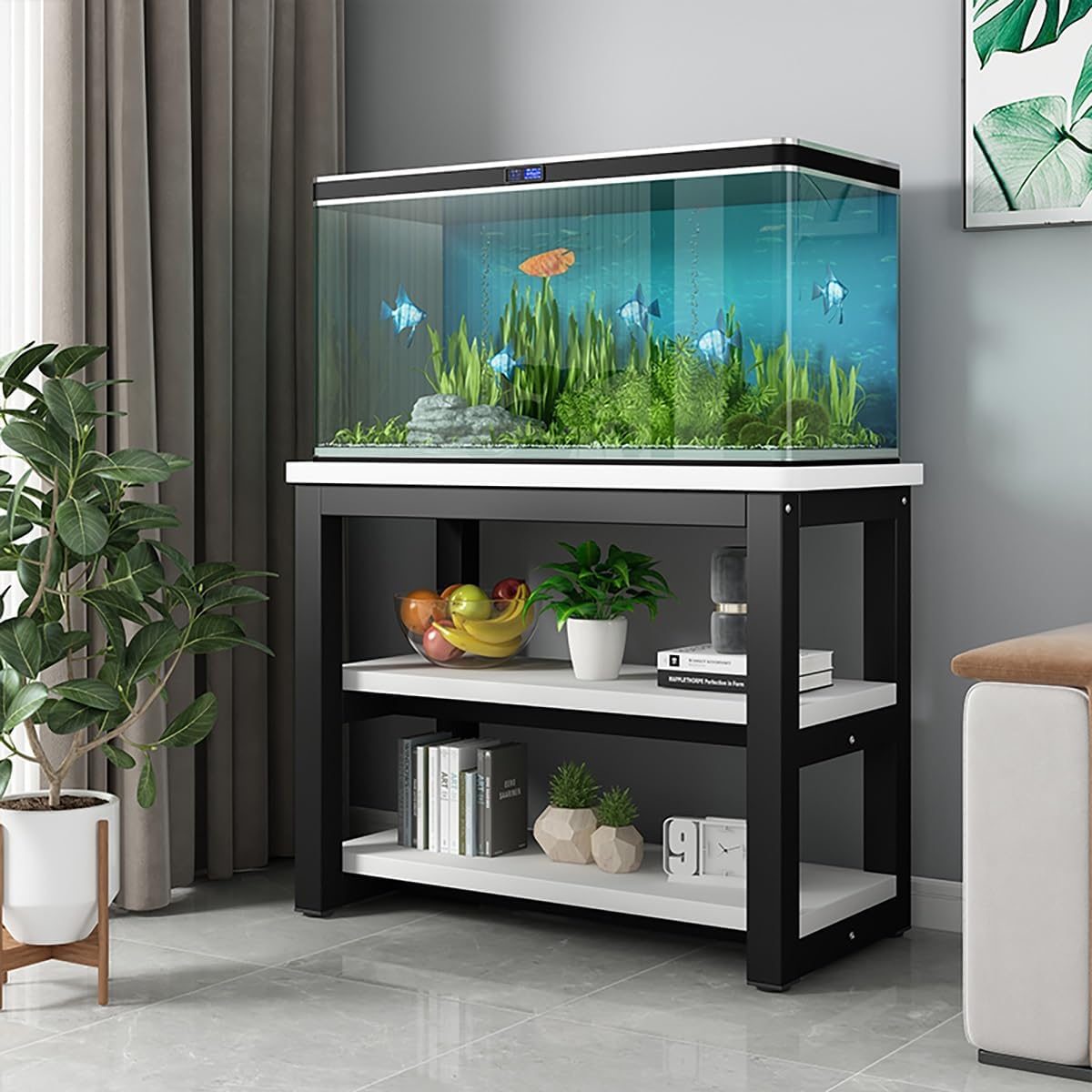 Heavy Duty Wooden Fish Tank Stand,20-29 Gallon Metal Aquarium Stand,terrarium table,reptile tank stand,Indoor Plant Stand,for Home Office Study(White/Brown,80x40cm/31x16in)