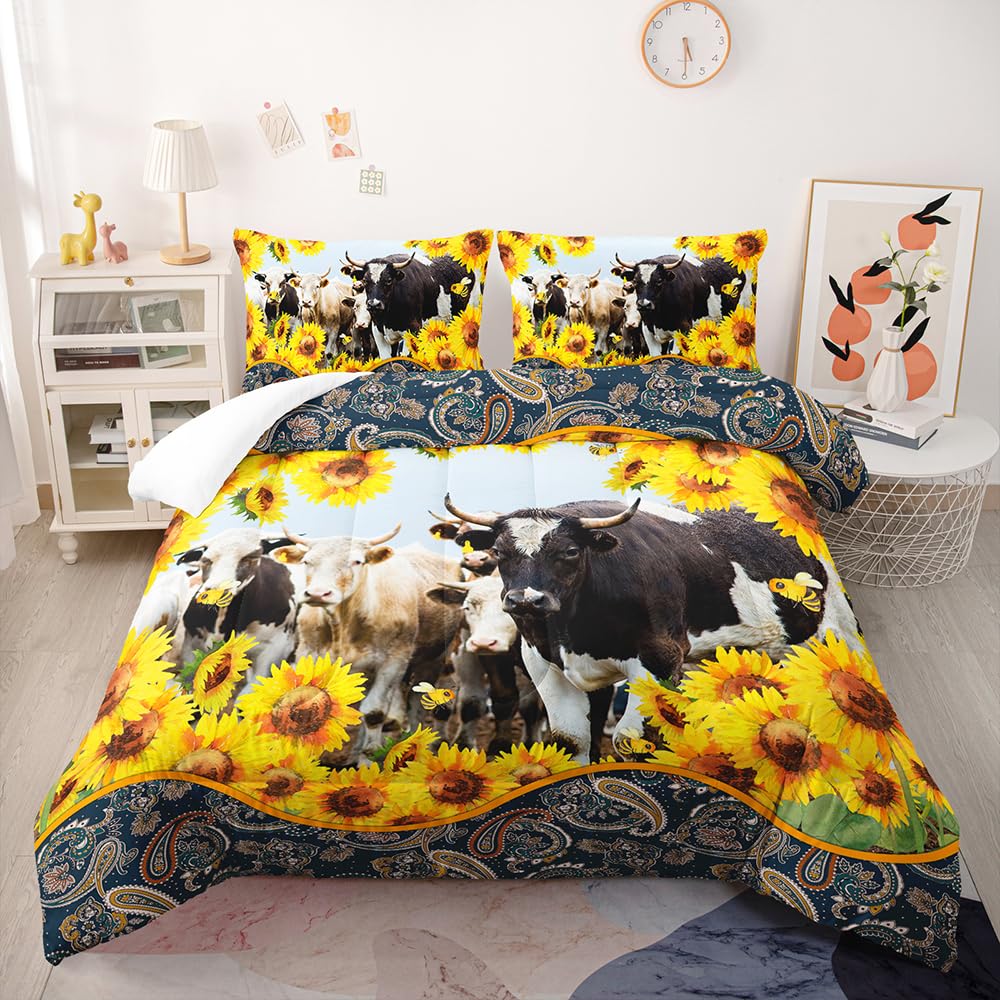 Coverless Duvet Sunflower Yellow Cow Coverless Duvet Single Microfiber Bedspread All Seasons Quilted Bedspreads Breathable Comforter Soft Quilted Throw +2 Pillowcases(50x75cm) 140x200cm