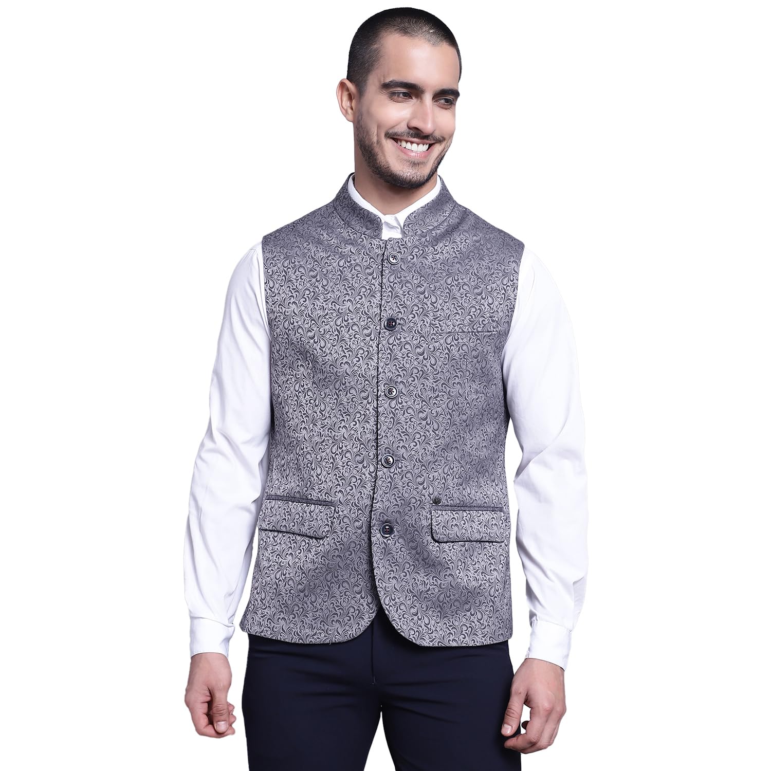 Men's Printed Grey Mandarin Collar Waist Coat-image-42