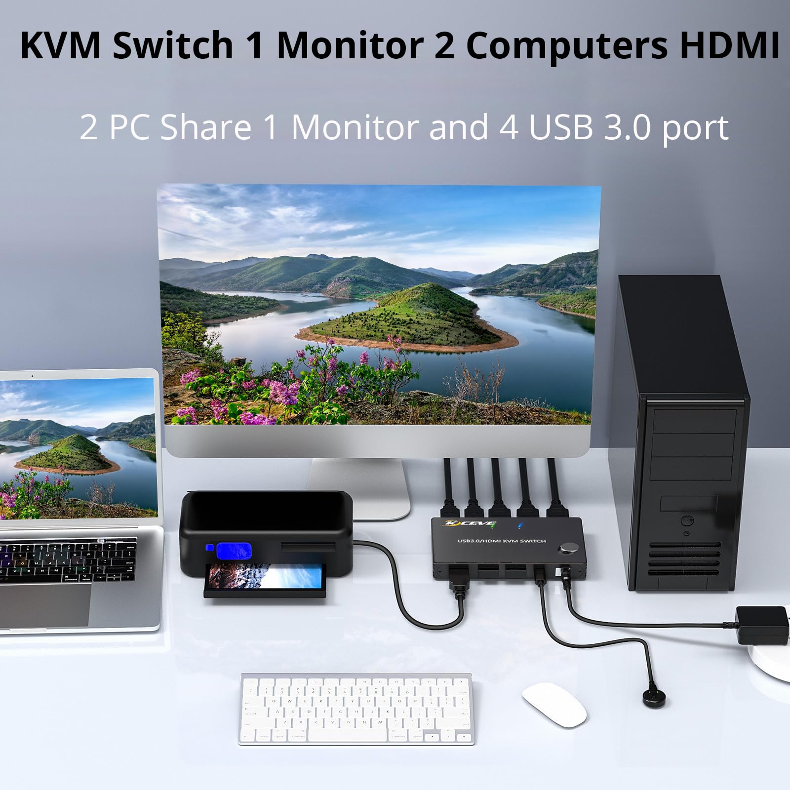 KCEVE KVM Switch 2 Computer 1 Monitor HDMI | 4K @ 60Hz, USB 3.0 KVM Switch HDMI per 2 computer condivisione tastiera mouse, telecomando cablato (4K HD 2 in 1 out)