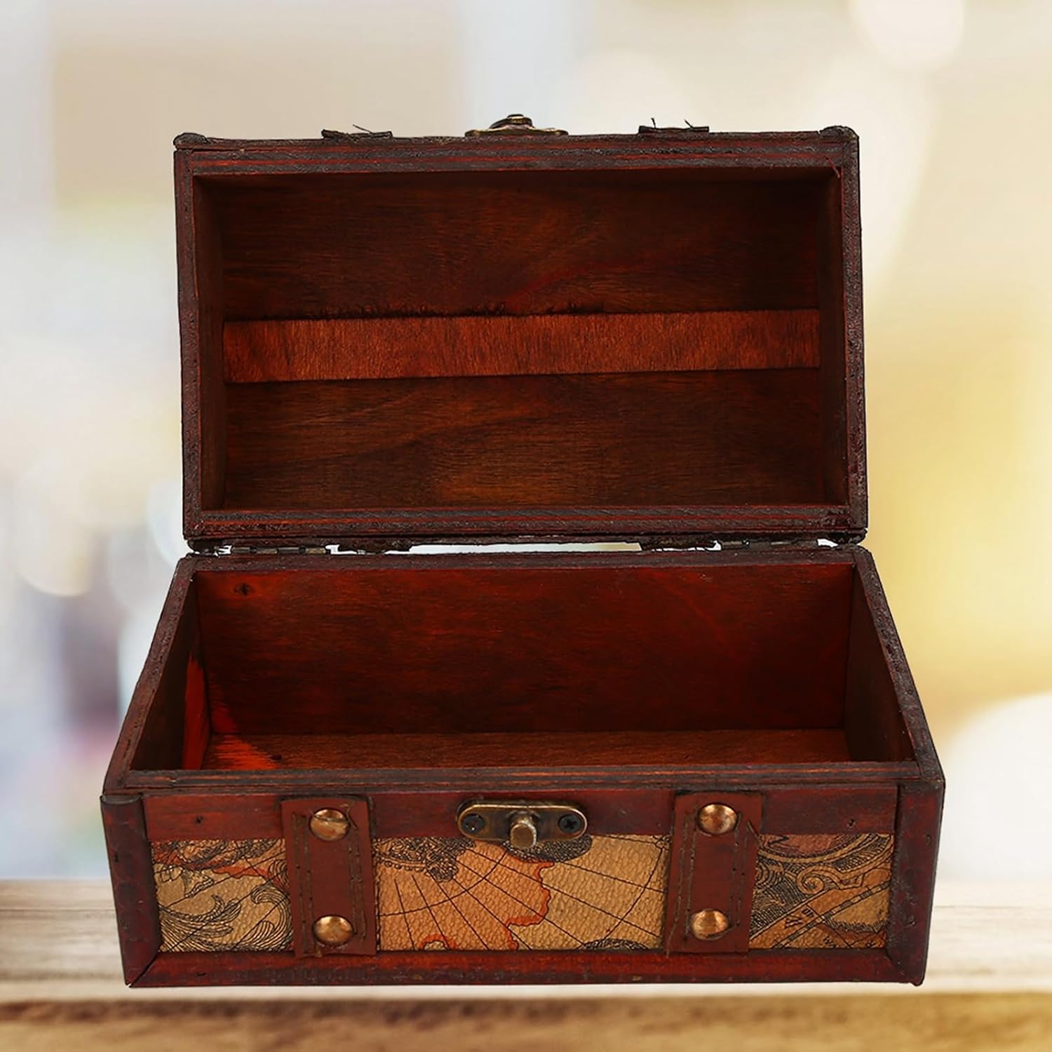 Vintage Wood Keepsake Box, Decorative Memory Storage Chest for Wedding Anniversary Dark Brown Map Design Wood and PU Leather 7.1 x 3.9 x 4.1 In 1 Piece image 3