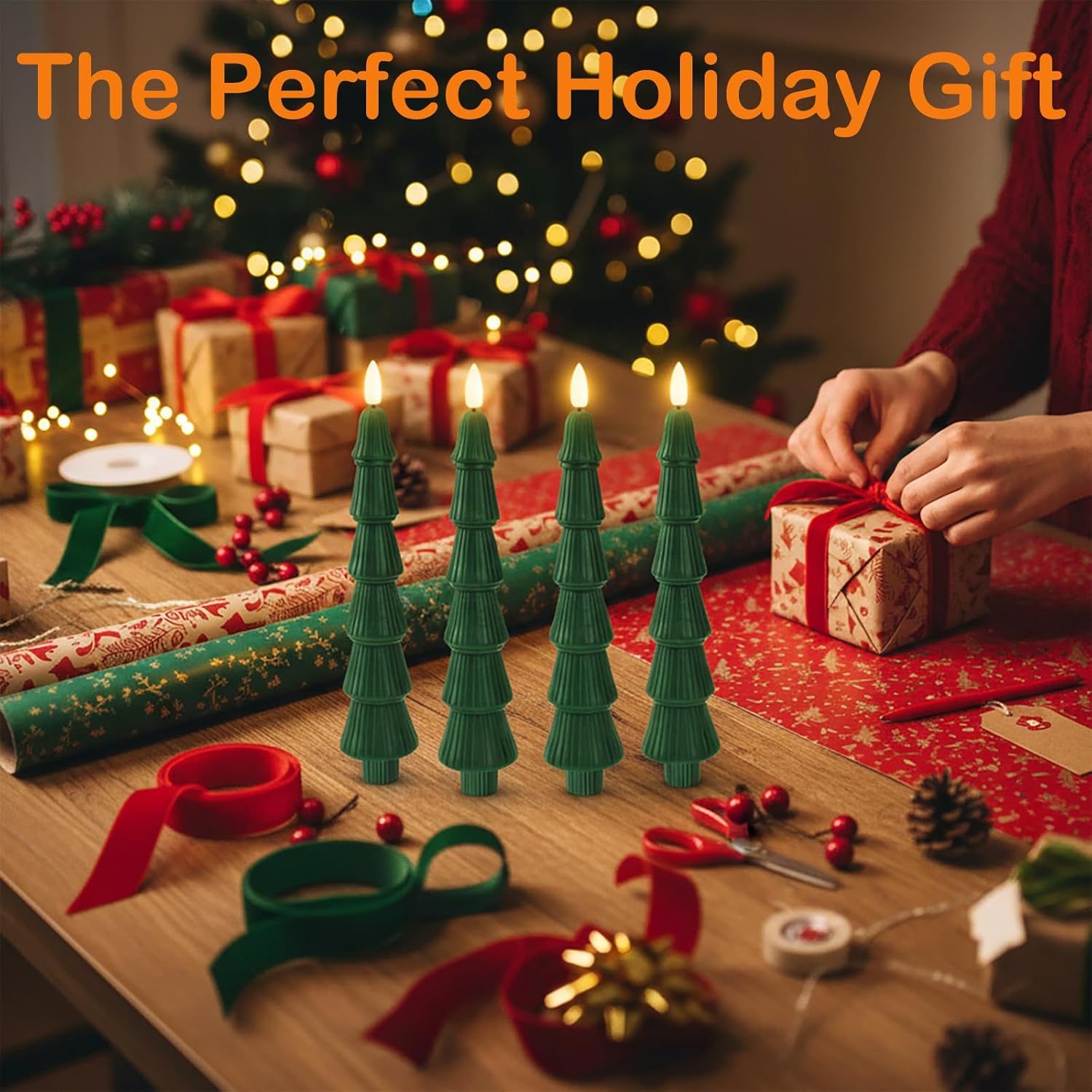 Christmas Tree Flameless Taper Candles with 10-Key Remote Timer,4 Pcs Green LED Taper Candles with 3D Flame for Holiday Decorations(Green-C)