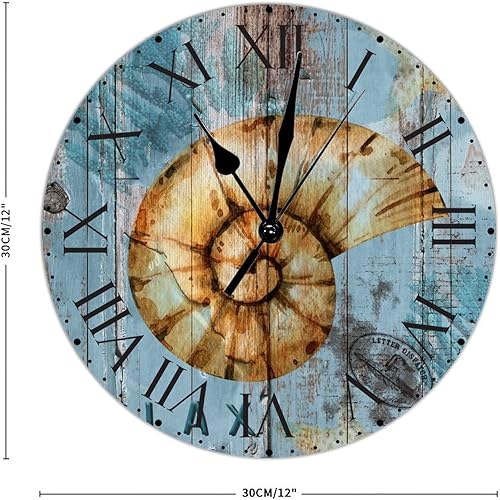 Miniatura 82 de ArogGeld Reloj de pared de PVC de mediados de siglo, concha, números de playa, estilo océano con números romanos de 10 pulgadas, funciona