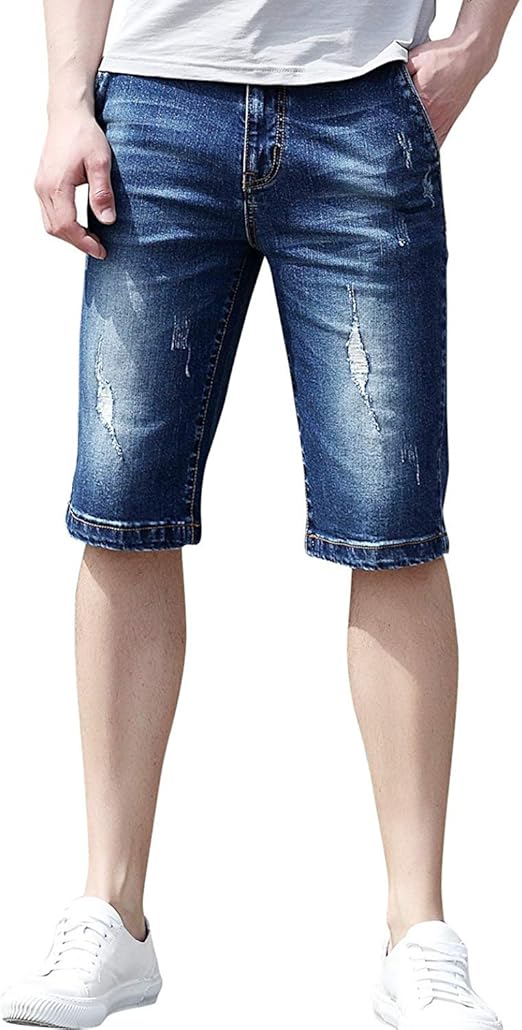 デニム ハーフパンツ メンズ デニム 短パン ショートパンツ 半ズボン ストレッチ ダメージ 大きいサイズ 5分丈 夏 ブルー 34 ショートパンツ 通販 Amazon