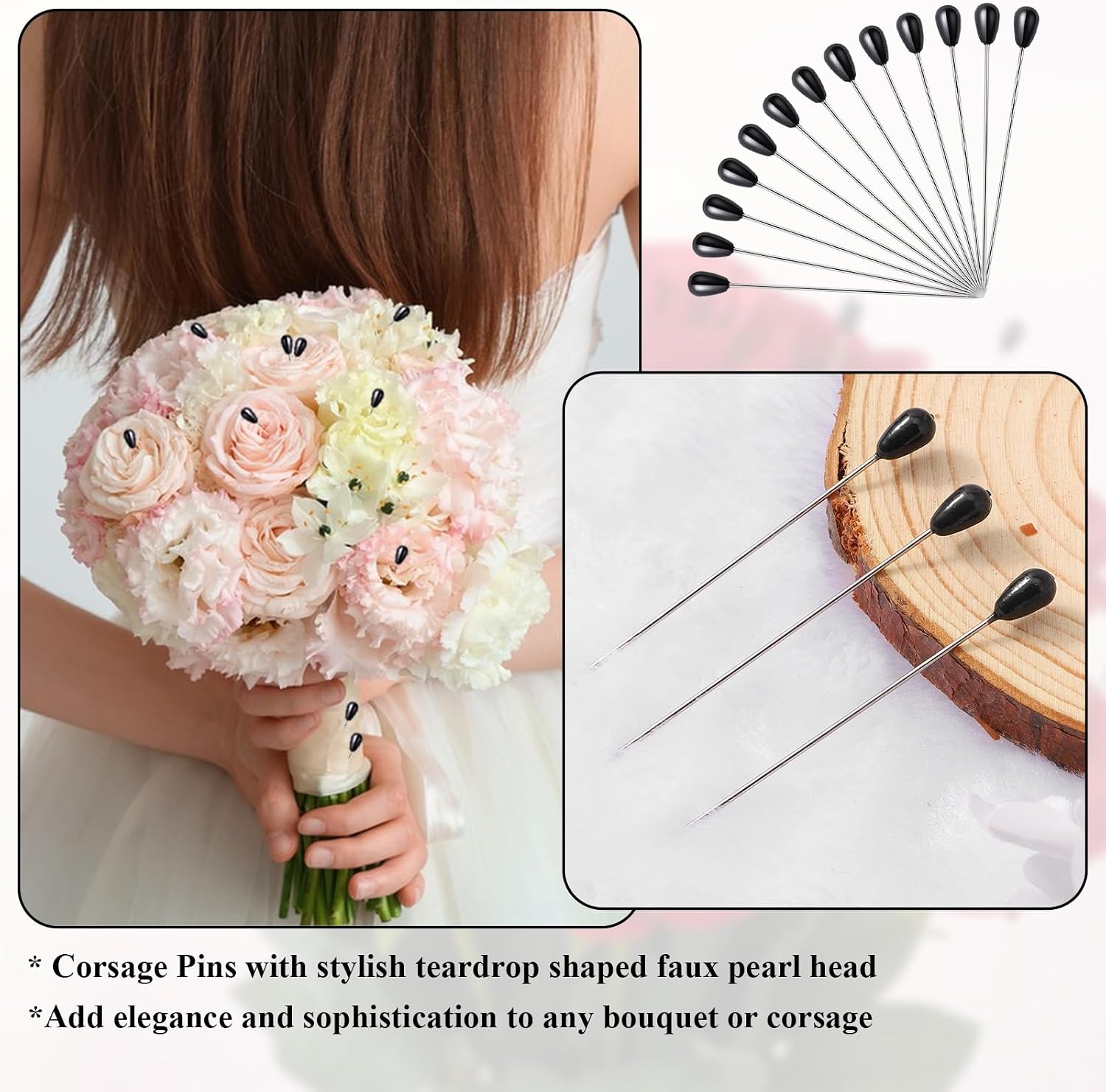 100 Pcs Boutonniere Pins, Black Corsage Pins, Teardrop Pearl Flower Bouquet Pin, Straight Pin for Crafts - Ideal for Weddings, Floral Arrangements, and Sewing Projects