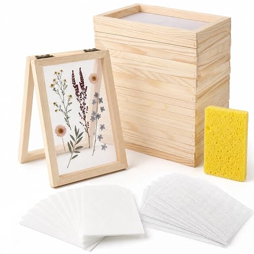 Prospura 10 Pcs Paper Making Screen Kit,5''x7'' Wooden Papermaking Supplies | Handmade Paper Making Frame Mould with Mesh,Absorbent Paper and Sponge for DIY Craft and Dried Flower Art Projects（A6 Size）