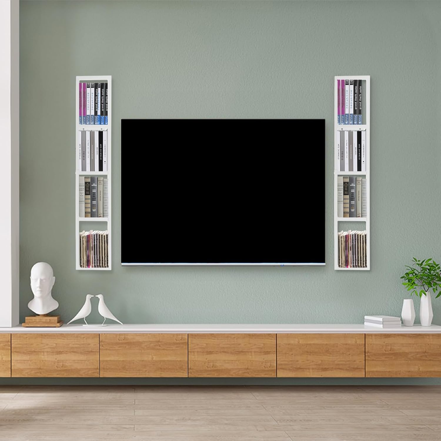 2 Pcs White 34Inch Media Storage Rack CD DVD Wall Organizer Shelf Metal Floating Cube Shelves Frame for Audio Video Game Book CD DVD for Home Bedroom Living Room Office