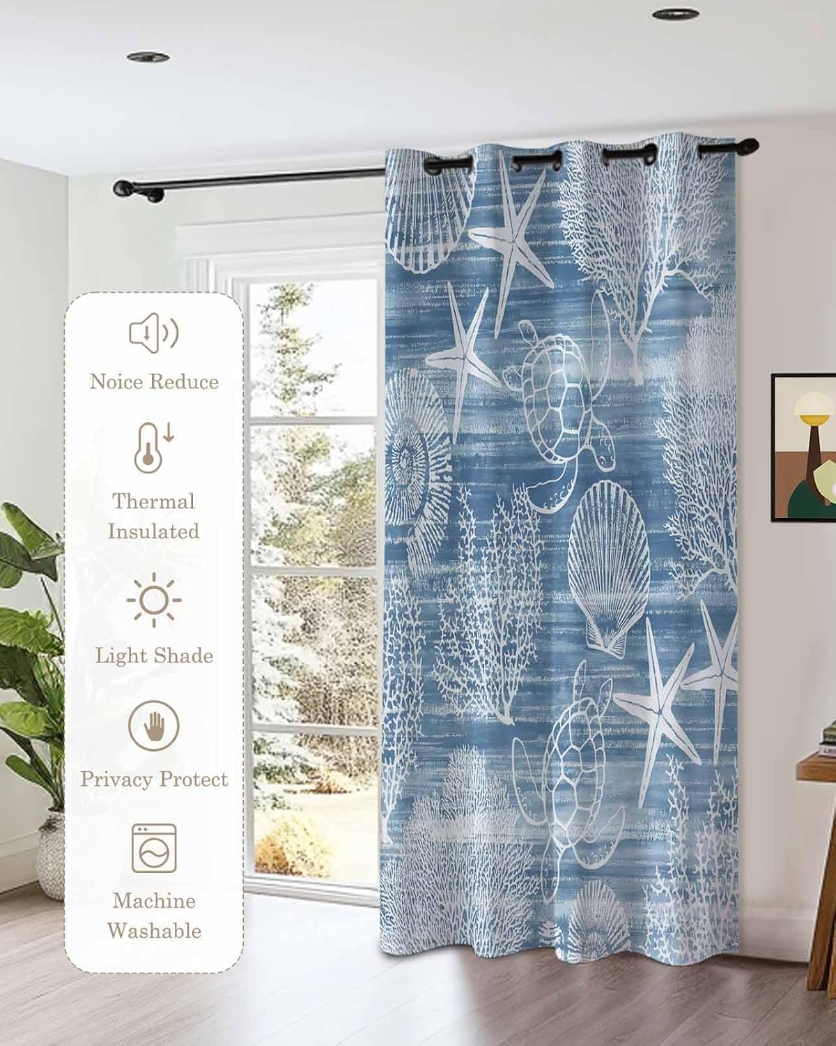 Ocean Blackout Curtain 54 inches Long for Living Room Bedroom, Turtles Shells Corals Summer Light Blue Room Darkening Window Drapes Grommet Thermal Insulated Curtain Panel for Home Sliding Door Decor