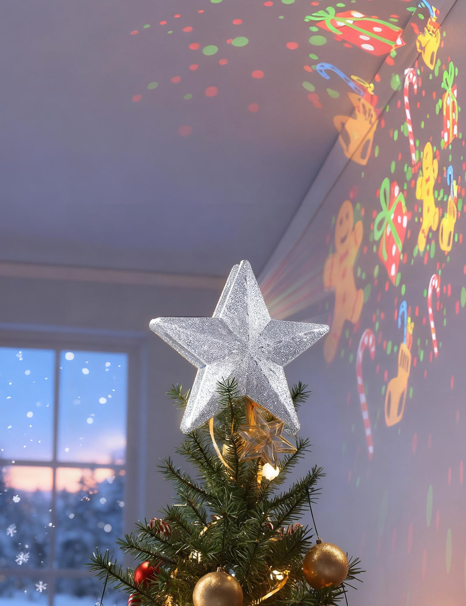 DG-Direct Cimier de sapin de Noël lumineux avec 6 motifs projetés, étoile 3D creuse étincelante avec projecteur magique rotatif pour décoration de sapin de Noël (argenté)