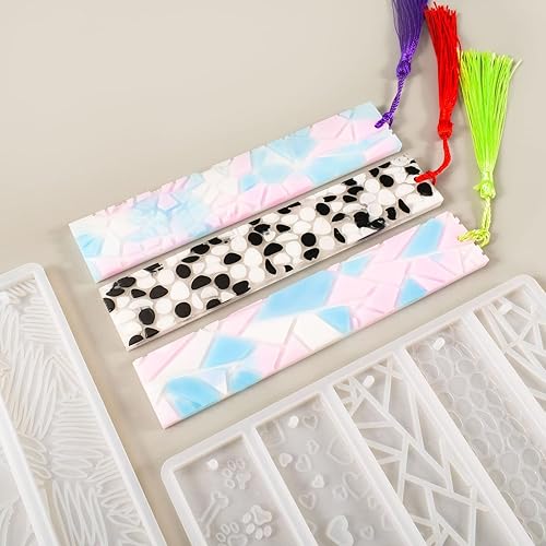 Miniatura 7 de Szecl - Molde de resina para marcapáginas rectángulo, con 10 hojas de borla, textura de flores, resina epoxi, molde de fundición de resina epoxi,