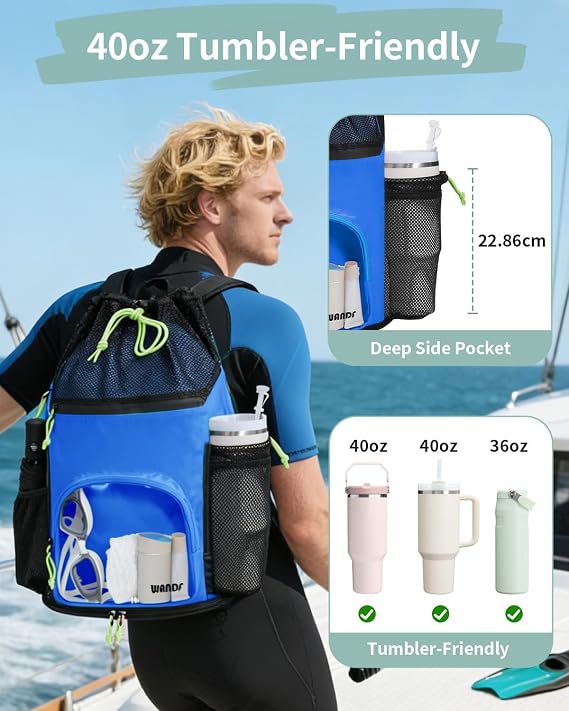 WANDF Drawstring Swim Bag, Sandproof Mesh with Wet and Dry Compartments