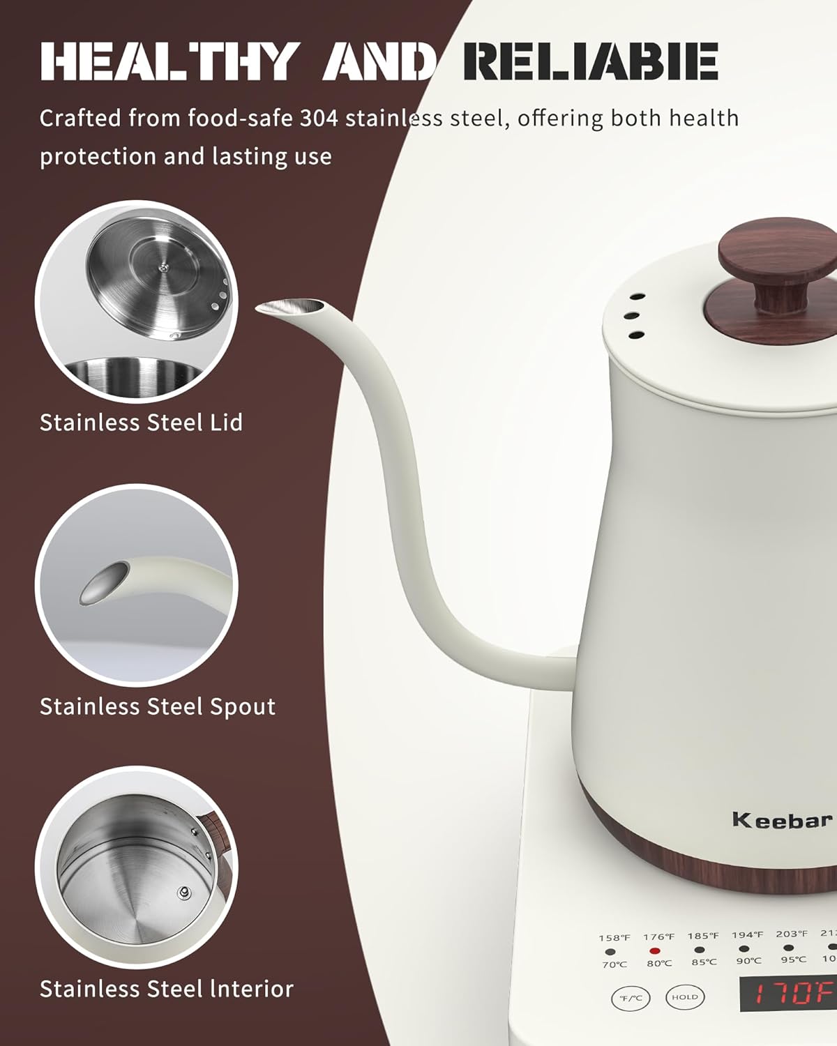 Electric Gooseneck Kettle Boudle Set - Gooseneck Electric Kettle and Gooseneck Electric Kettle with 6 Temperature Control Presets and Led Display, 0.8L, 0.8mm Spout, 304 Stainless Steel, 1000W