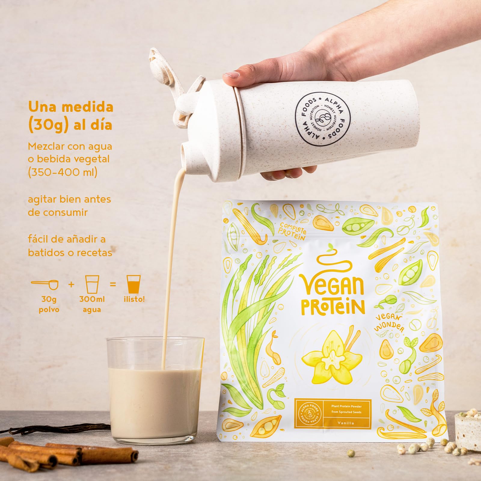 Proteína Vegana en Polvo | Sabor Vainilla | 100% Proteina Vegana | 22g dosis Vegan Protein Powder de Guisante, Arroz, Girasol y Soja | Proteína Aislada para Masa Muscular | 1.2kg | Alpha Foods