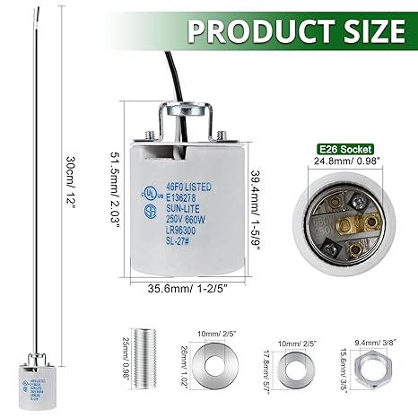 E26 Light Socket,Standard Medimun Screw Bulb Socket Lamp Holder,E26 Porcelain Light Socket with Wire Lead for Halogen Incandescent LED Light Bulb
